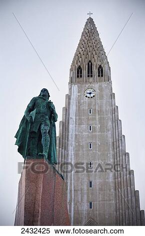 Stock Photography - The statue of explorer Leif Eriksson by Alexander Stirling Calder in front of Hallgr. Fotosearch