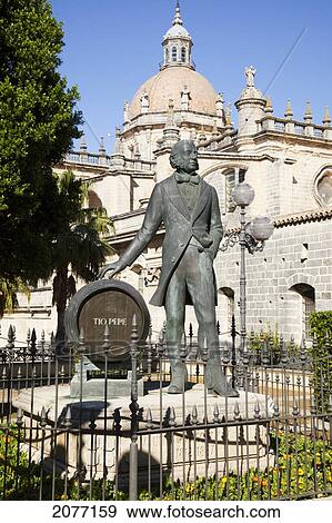 Stock Photo - The Statue Of Tio Pepe With The Cathedral In The Background; Jerez De La Frontera Andalusia Spain. Fotosearch
