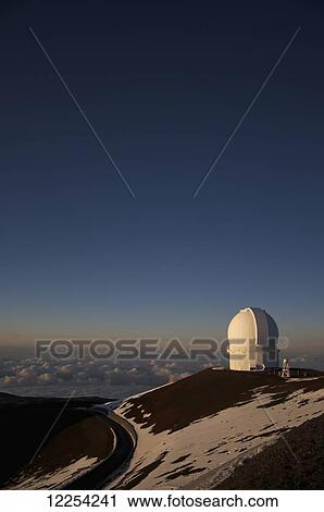 Stock Image - The sun sets over the summit of Mauna Kea and the domed observatories and telescopes; Island of Hawaii, Hawaii, United States of America. Fotosearch