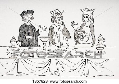 Stock Photo - The Table Of A Baron As Laid Out In The 13Th Century. 19Th Century Reproduction Of Miniature From Histoire De St. Graal. Fotosearch