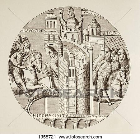 Stock Image - The Taking Of Nicaea, Turkey, By The Crusaders In 1097. After A Window In The Church Of The Abbey Of St. Denis, Now Destroyed. From Military And Religious Life In The Middle Ages By Paul Lacroix Published London Circa 1880.. Fotosearch