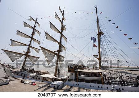 Stock Photo - The Three-Mast Barque, Ecuadorian Navy Training Ship, Guayas Docked By The Malecon 2000, Guayaquil, Guayas, Ecuador. Fotosearch