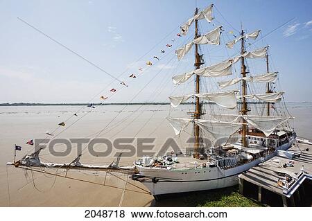 Stock Photo - The Three-Mast Barque, Ecuadorian Navy Training Ship, Guayas Docked By The Malecon 2000, Guayaquil, Guayas, Ecuador. Fotosearch