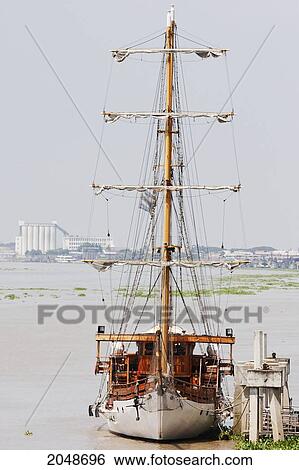 Stock Photograph - The Three-Mast Barque, Ecuadorian Navy Training Ship, Guayas Docked By The Malecon 2000, Guayaquil, Guayas, Ecuador. Fotosearch