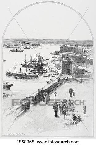Stock Photo - The Top Of The Grand Harbour, Valletta, Malta, By Charles William Wyllie (1859-1923) From The Picturesque Mediterranean Circa 1890. Fotosearch