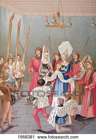 Stock Image - The Tournament Prize. A High Born Lady About To Present Her Scarf To A Tournament Winner. From The 15Th Century Manuscript Tournaments Of King Rene. From Military And Religious Life In The Middle Ages By Paul Lacroix Published London Circa 1880.. Fotosearch