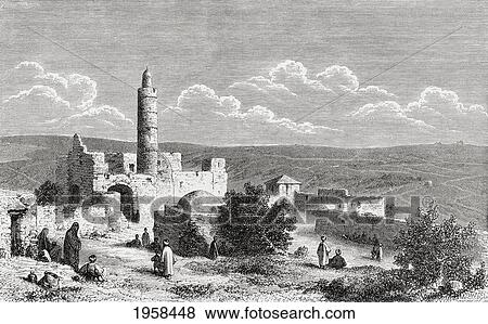 Stock Photo - The Tower Of David, Ancient Citadel Located Near The Jaffa Gate Entrance To The Old City Of Jerusalem, Palestine In The 19Th Century. From El Mundo En La Mano Published 1875.. Fotosearch