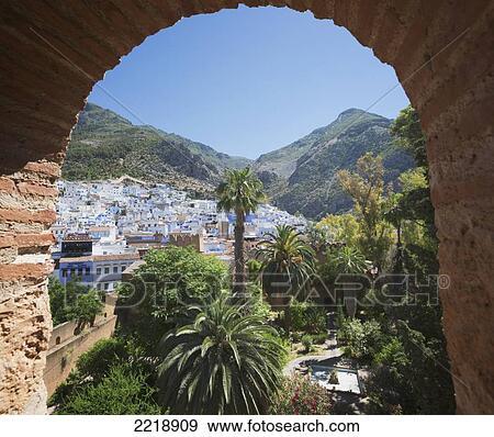 Stock Photo - The Town And Kasbah Gardens Seen From The Tower Of The Kasbah; Chefchaouen Morocco. Fotosearch