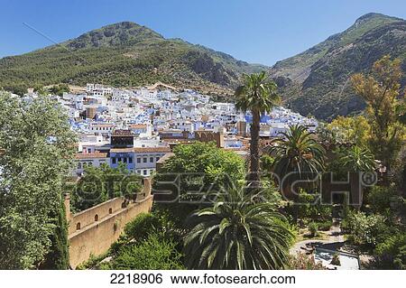 Stock Photograph - The Town And Kasbah Gardens Seen From The Tower Of The Kasbah; Chefchaouen Morocco. Fotosearch