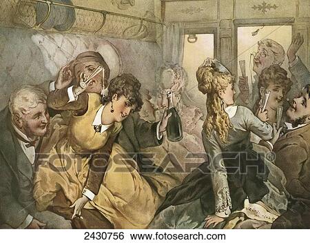Stock Photograph - The train of pleasure, illustration for Madame Tellier's House, 1881 story by Guy de Maupassant. After a work by J Linder, 1862. From Illustrierte Sittengeschichte vom Mittelalter bis zur Gegenwart by Eduard Fuchs, published 1909.. Fotosearch