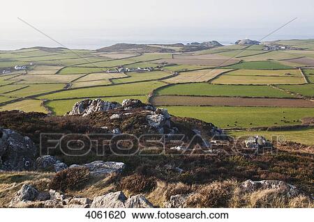 Stock Image - The tree-less, windswept landscape of Pencaer, from the summit of Garn Fawr, with Strumble Head lighthouse in the distance, South West Wales; Pembrokeshire, Wales. Fotosearch