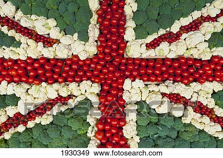 Stock Photo - The Union Jack flag made with tomatoes, cauliflower and broccoli; England. Fotosearch