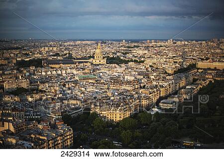 Picture - The view looking East at sunset from the top of the Eiffel Tower; Paris, France. Fotosearch