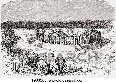 Stock Photography - The Village Of Combo-Combo, Central Africa In The 19Th Century. From The Book Africa Pintoresca Published 1888.. Fotosearch
