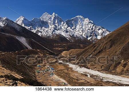 Stock Photo - The Village Of Pheriche And Ama Dablam, Pheriche, Khumbu, Nepal. Fotosearch