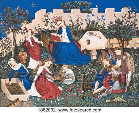 Stock Image - The Virgin, Queen Of Heaven, Presiding Over An Assembly Of Saints. From Science And Literature In The Middle Ages By Paul Lacroix Published London 1878. Fotosearch