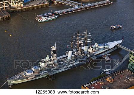 Stock Photo - The WWII battleship HMS Belfast seen from the viewing platform of the Shard Building; London, England. Fotosearch