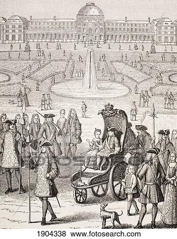 Stock Photo - The Young King Louis Xv Promenading In A Carriage In The Tuileries Gardens, Paris, France. From Xviii Siecle Institutions, Usages Et Costumes, Published Paris 1875.. Fotosearch