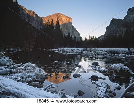 Picture - Thick Frost Beside The Merced River Looking Towards El Capitan At Dusk. Fotosearch