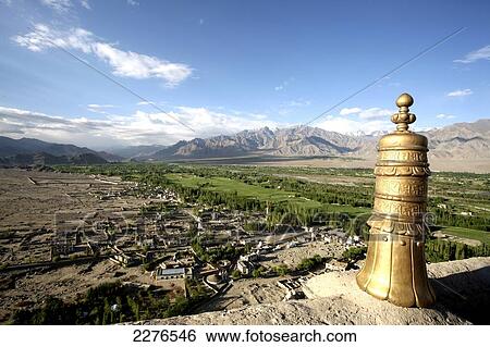 Stock Photograph - Thiksay Gompa monastery rooftop view of the Indus Valley; Ladakh, India. Fotosearch