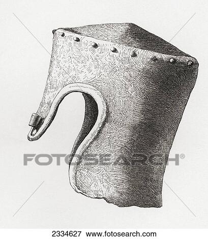 Stock Photo - Thirteenth Century Cylindrical Flat-Topped Helmet With Nasal, Dug Up At Montgomery Castle In 1841. From The British Army: It's Origins, Progress And Equipment, Published 1868.. Fotosearch