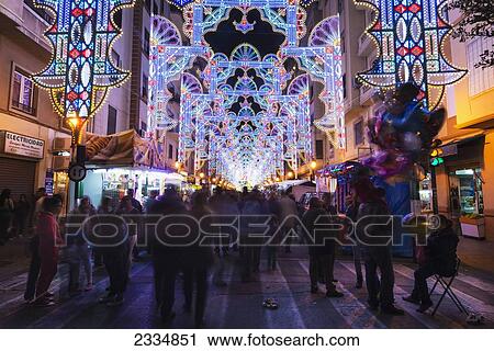 Stock Image - Thousands Of Leds Lighting Up Street As Part Of Fallas Festival; Valencia, Spain. Fotosearch