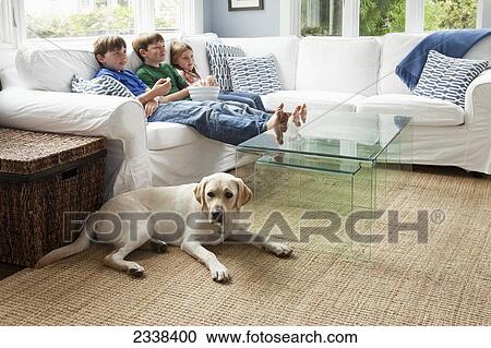Stock Image - Three Children Sitting On A Couch Presumably Watching Tv; San Francisco, California, Usa. Fotosearch