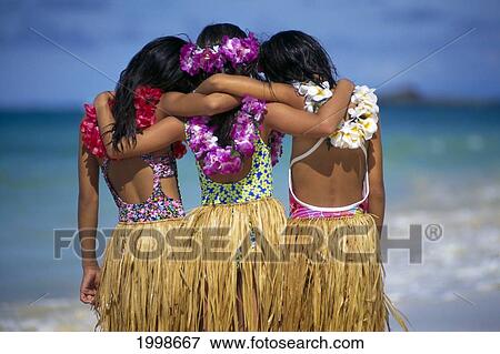 Three Girl Friends In Hula Skirts And Leis, Face Water, View From Behind View Large Photo Image Stock Photo - Three Girl Friends In Hula Skirts And Leis, Face Water, View From Behind. Fotosearch
