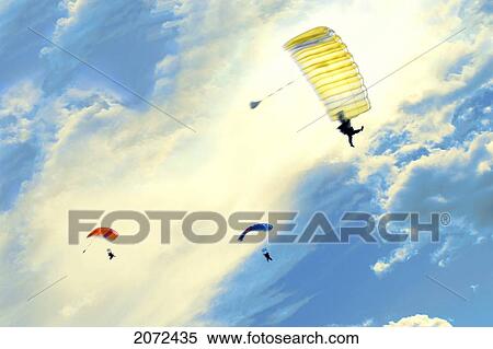 Three Parachutists Flying In Sky View Large Photo Image Stock Photography - Three Parachutists Flying In Sky. Fotosearch