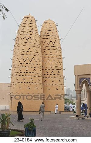 Picture - Three Pigeon Towers By Golden Mosque At Katara Cultural Village; Doha, Na, Qatar. Fotosearch