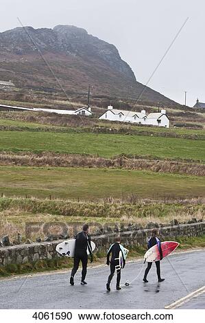 Stock Image - Three surfers coming out of the chilly winter waters head to car park at Whitesands Beach on the Pembrokeshire Coast Path; Pembrokeshire, Wales. Fotosearch