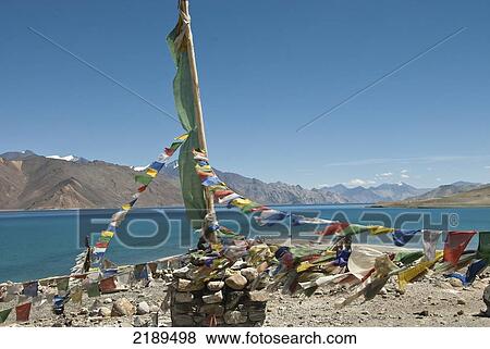 Stock Photo - Tibetan Prayer Flags At Pangong Lake In Ladhak, India. Fotosearch