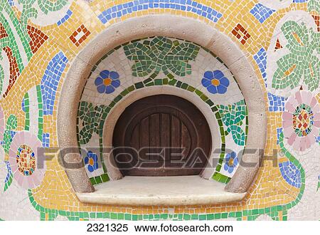 Stock Photography - Ticket box with mosaic of colorful ceramic tile; Barcelona, Catalonia, Spain. Fotosearch