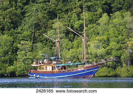 Stock Photography - Tiger Blue Phinisi schooner sailing through Pulau Yanggelo Islands of Raja Ampat; Indonesia. Fotosearch