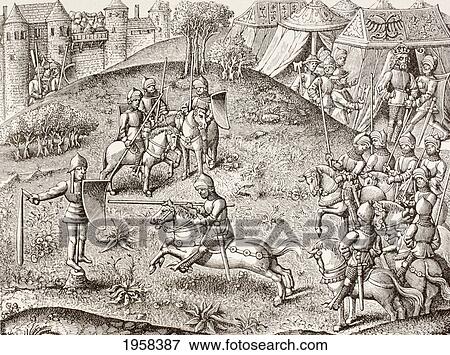 Stock Photo - Tilting At A Quintain, The Revolving Effigy Of A Knight. After A Miniature In The 15Th Century Chroniques De Charlemagne. From Military And Religious Life In The Middle Ages By Paul Lacroix Published London Circa 1880.. Fotosearch