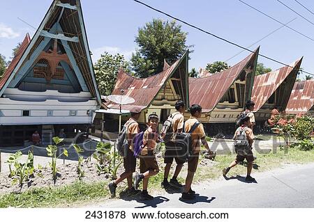 Stock Photo - Toba Batak schoolboys walking by Buhit village, Samosir Island, Lake Toba, North Sumatra, Indonesia. Fotosearch