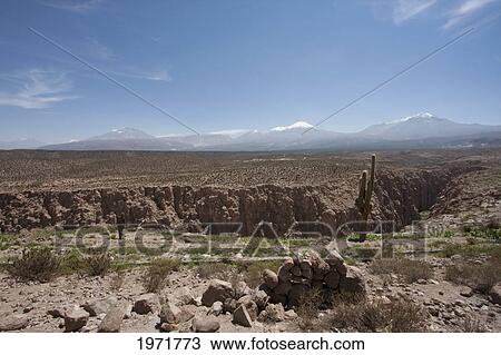 Stock Image - Toconce Gorge With El Leon & Toconce Volcanoes In The Background, Antofagasta Region, Chile. Fotosearch