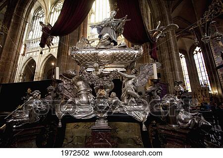 Stock Image - Tomb Of John Of Nepomuk Inside Saint Vitus' Cathedral, Prague, Czech Republic. Fotosearch