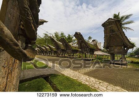 Stock Photo - Tongkonan, traditional Torajan ancestral houses in Kete Kesu, Toraja Land, South Sulawesi, Indonesia. Fotosearch