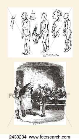 Top sketch by George Cruikshank is a study for Oliver Twist Asking For More, and the bottom one is the final published drawing. From The Strand Magazine published 1897. View Large Photo Image Picture - Top sketch by George Cruikshank is a study for Oliver Twist Asking For More, and the bottom one is the final published drawing. From The Strand Magazine published 1897.. Fotosearch
