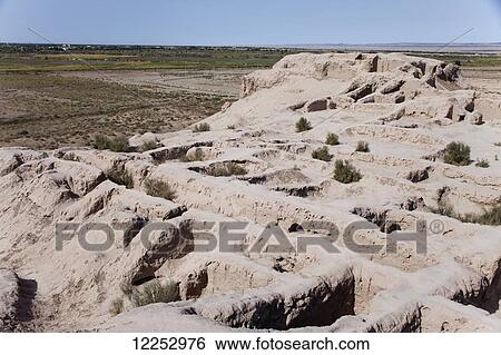 Stock Photograph - Topruk Kala fortress, near Khiva, Kizilkum desert, Khwarezm region; Uzbekistan. Fotosearch