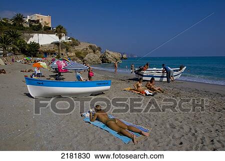 Stock Image - Torrecilla Beach, Nerja, Costa Del Sol, Andalucia, Spain. Fotosearch