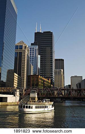 Tour Boat At Downtown Chicago River Area View Large Photo Image Stock Image - Tour Boat At Downtown Chicago River Area. Fotosearch
