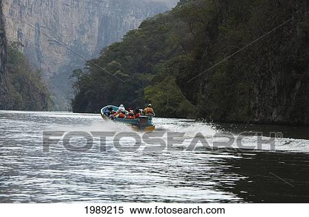 Stock Photography - Tour Boat In The Grijalva River, Sumidero Canyon, Chiapas, Mexico. Fotosearch