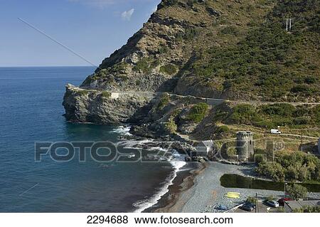 Stock Photo - Tour d'Albo and Plage d'Albo. Cap Corse region. Corsica. France. Fotosearch