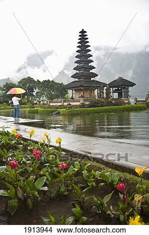 Picture - Tourist At Pura Danu Beratan Temple. Fotosearch