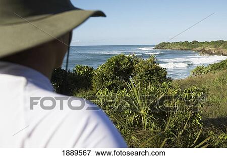 Stock Photo - Tourist In Hat Looking Over Lush Coastline. Fotosearch