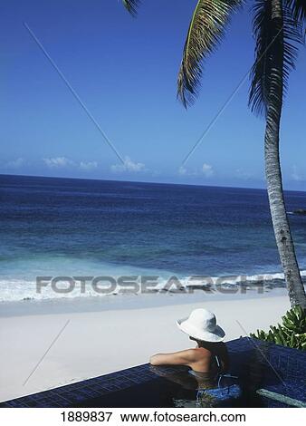 Tourist In Swimming Pool Looking At Sea View Large Photo Image Stock Photo - Tourist In Swimming Pool Looking At Sea. Fotosearch