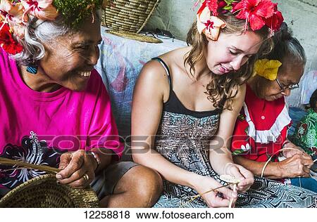Tourist learning traditional weaving on Niue Island; Niue View Large Photo Image Stock Photo - Tourist learning traditional weaving on Niue Island; Niue. Fotosearch