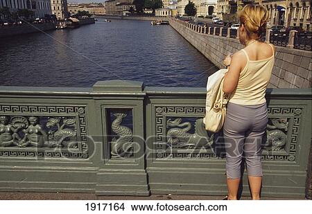 Picture - Tourist Looking Down At Canal. Fotosearch